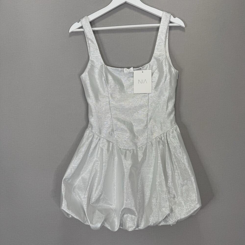 NIA Clemens Dress Womens Small White Metallic Bubble Hem‎ Mini Coquette Bridal